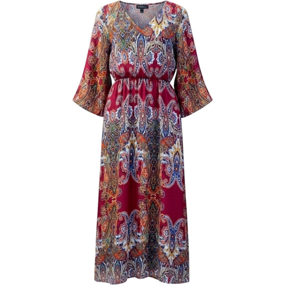 Signature Collection Paisley Maxi Dress M Burgundy Red Boho V-Neck Bell Sleeve